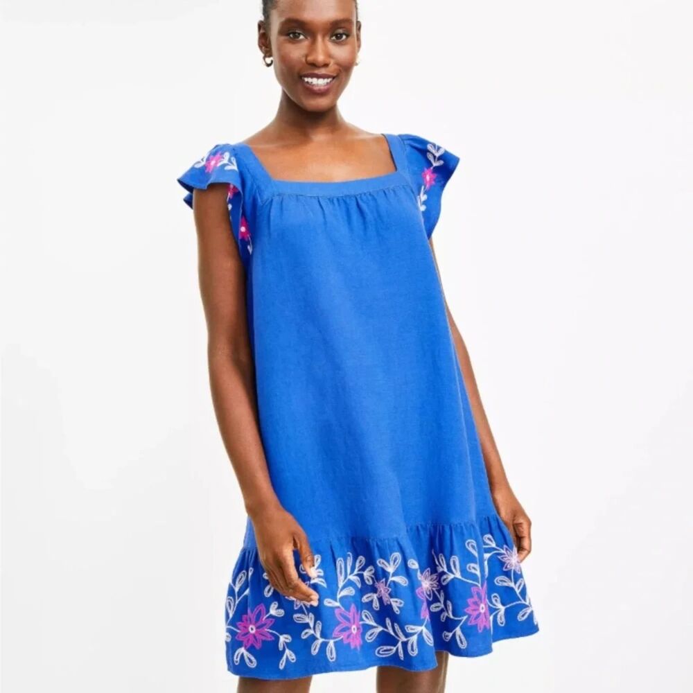 LOFT Blue Embroidered Bohemian Flutter Sleeve Linen Blend Dress Medium Summer